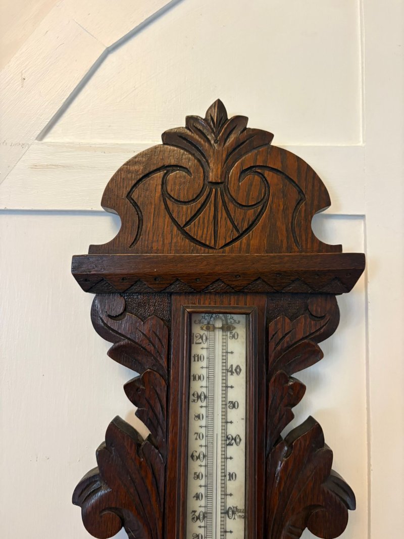Antique Carved Oak Aneroid Barometer with Thermometer - Image 8
